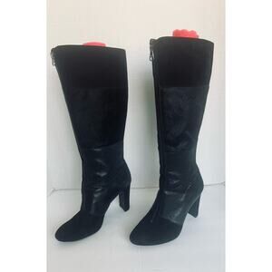 Anne Klein Black Leather Calf Hair Snake Skin Front Zip High Heel Boots Sz 7.5M